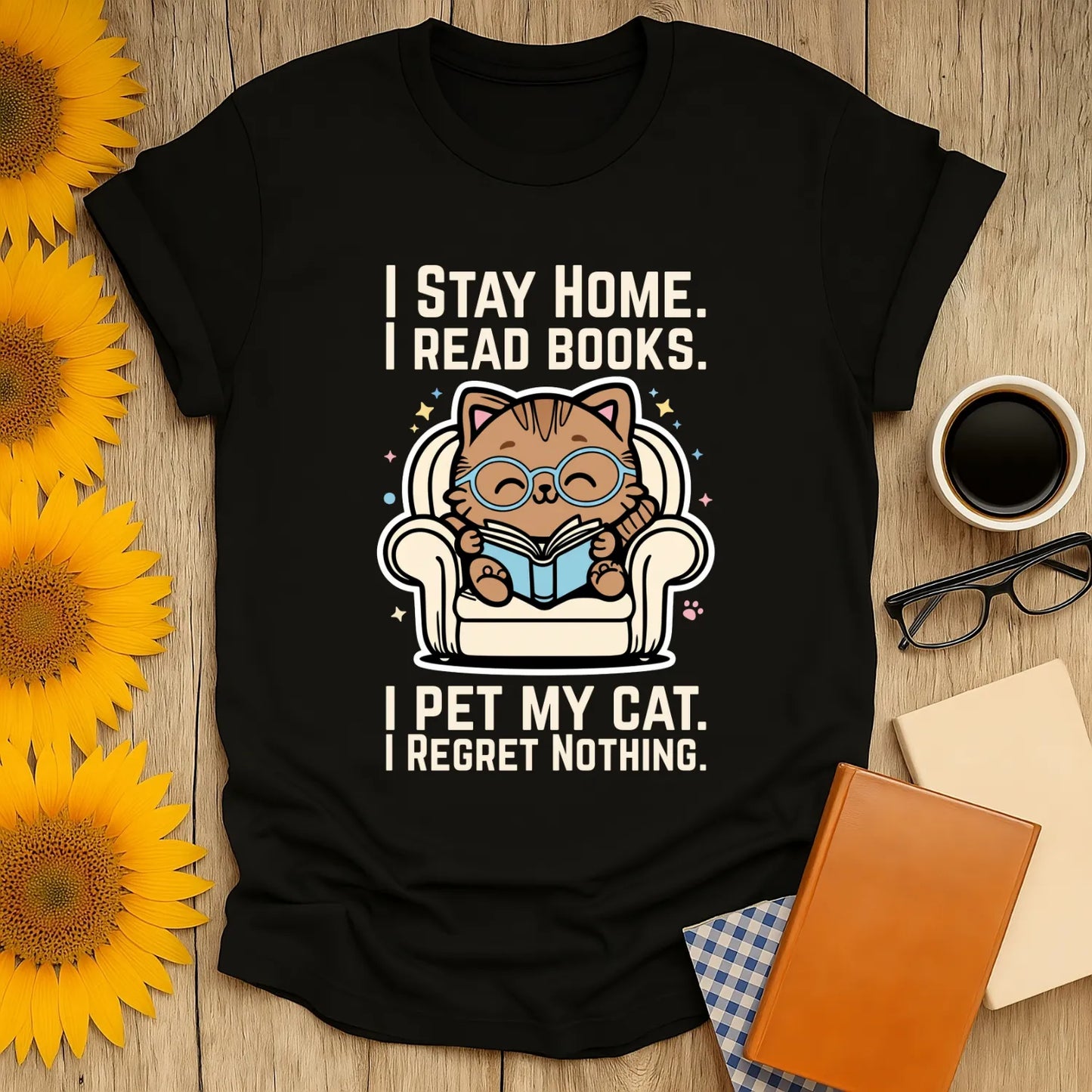 Starry Cat Reader T-Shirt featuring a playful cat in glasses on a sofa with bookish humor for cozy nights in.