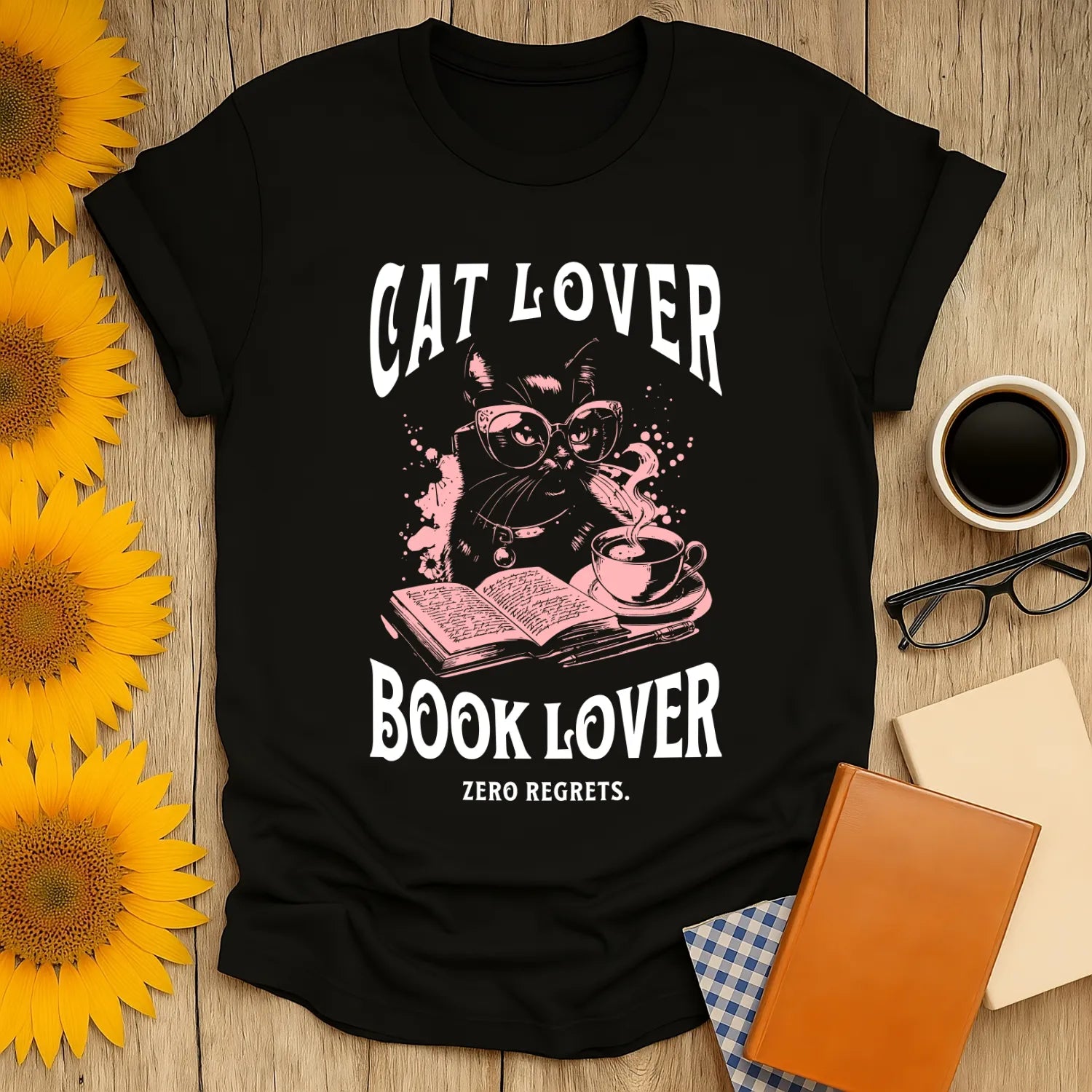 Cat & Book Lover T-Shirt featuring a cool cat in glasses with an open book and coffee, perfect for book lovers and cozy vibes.