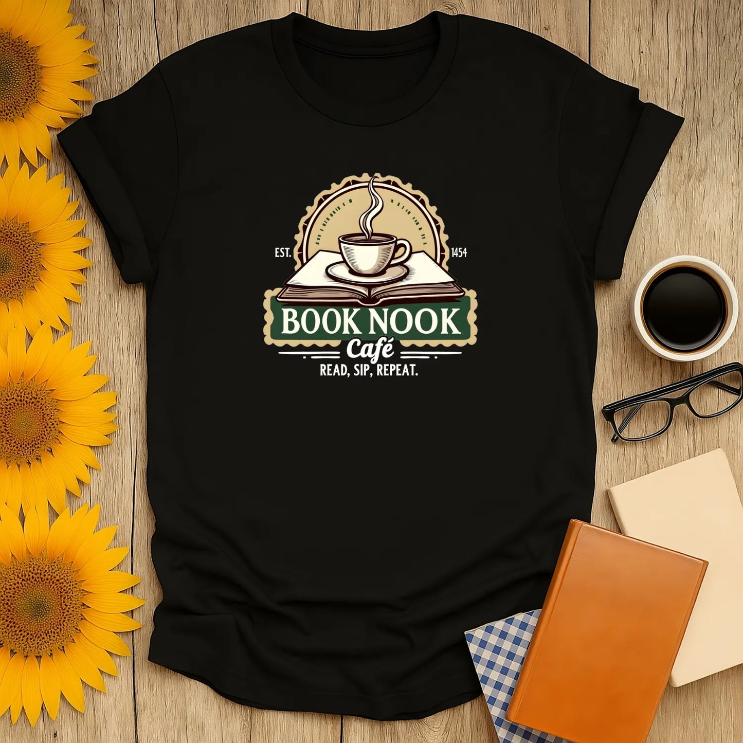 Book Nook Vibes T-Shirt featuring vintage coffee cup art, relaxed fit unisex tee, perfect for readers 📖☕️