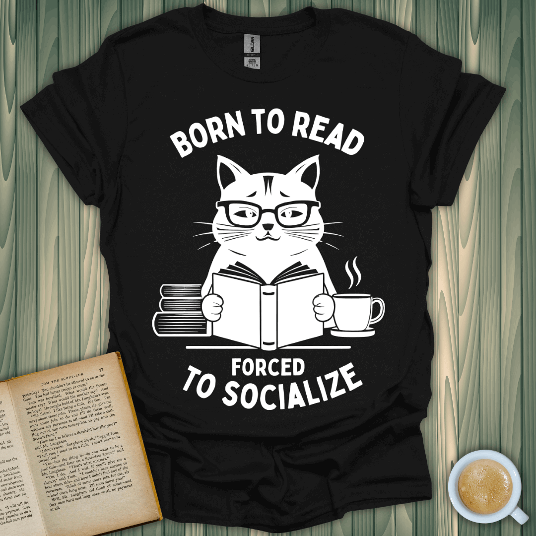 Born to Read 3 T-Shirt featuring a cat with glasses reading, perfect for book lovers who prefer pages over parties!