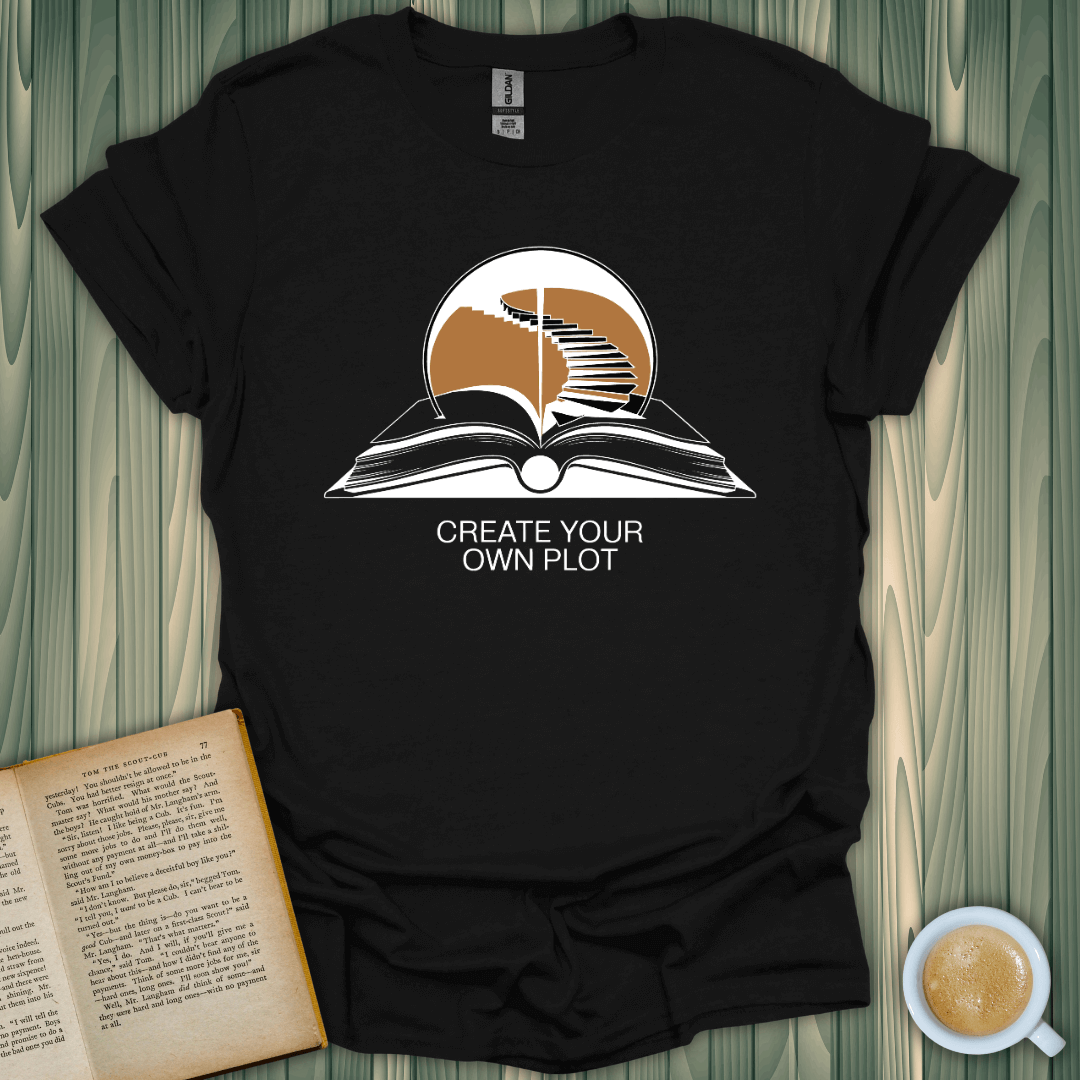 Black unisex t-shirt featuring 'Create Your Own Plot' design, perfect for book lovers who enjoy stylish comfort.