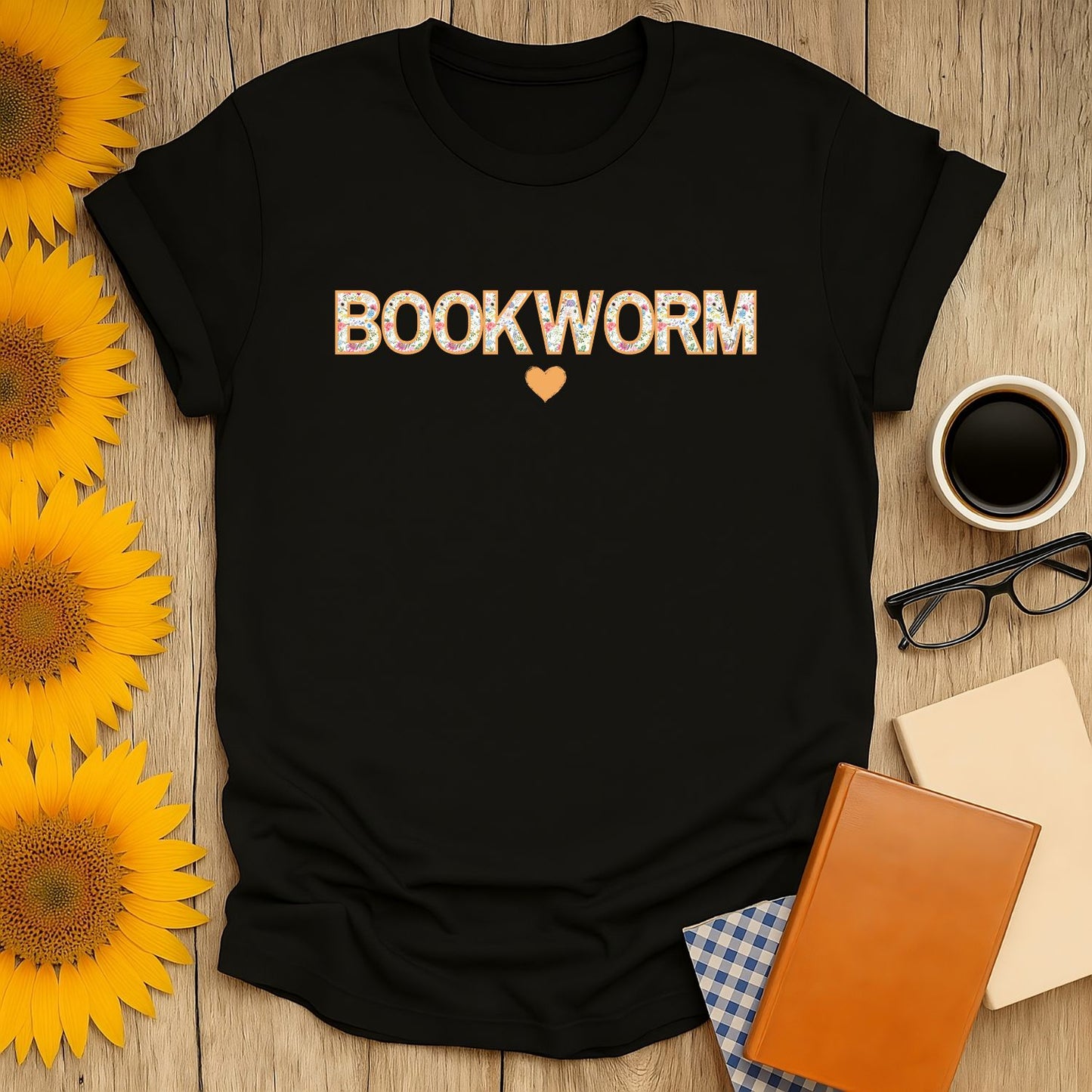 Bookworm T-shirt with playful text and heart, perfect gift for book lovers who enjoy coffee and cats.