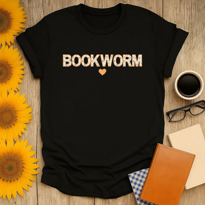 Bookworm T-shirt with playful text and heart, perfect gift for book lovers who enjoy coffee and cats.
