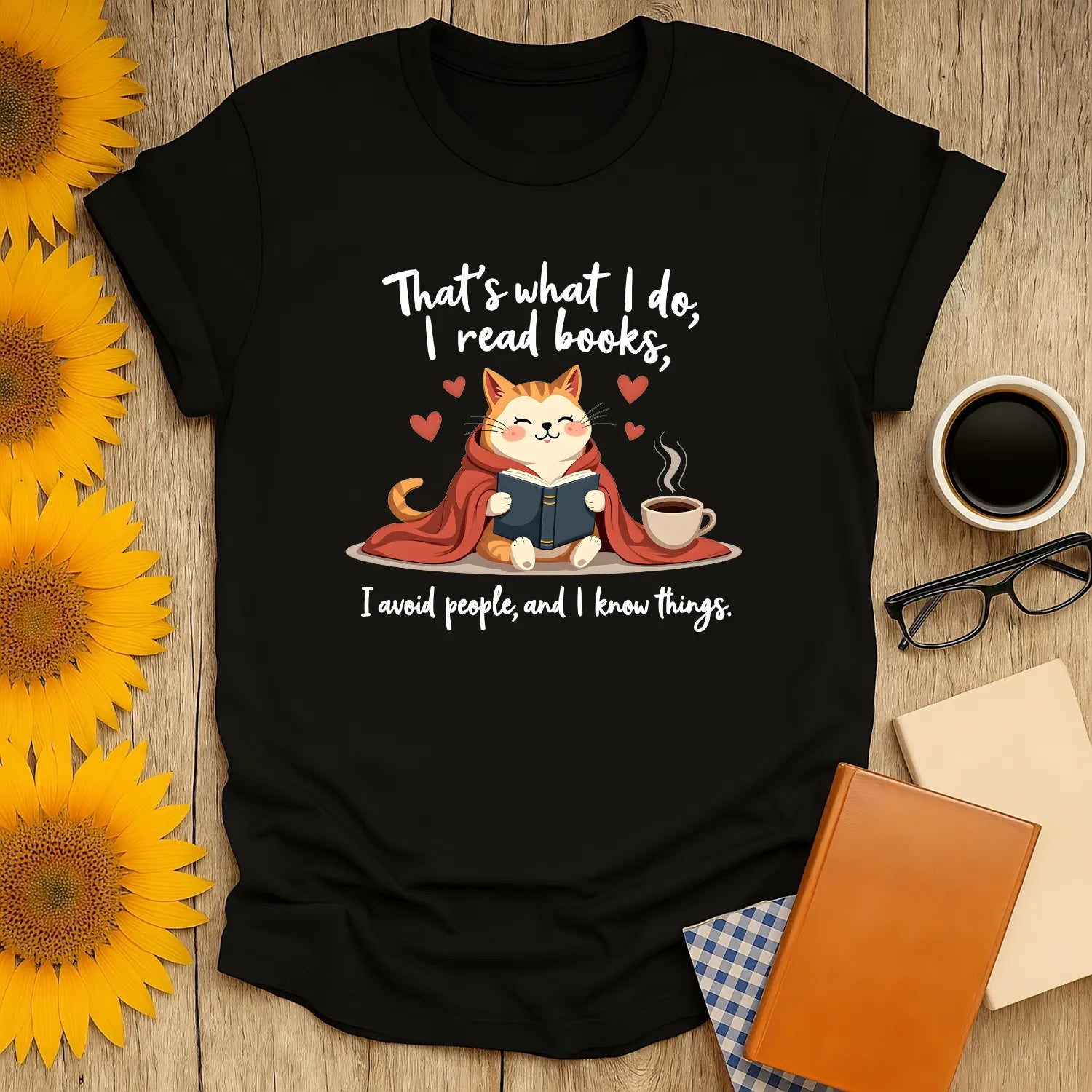 Cozy cat reading shirt featuring a cat in a cape, coffee, and whimsical text. Perfect gift for book lovers and introverts!