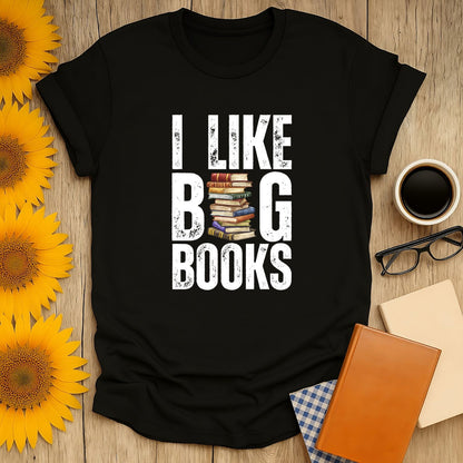 Big Book Lover T-Shirt featuring "I Like Big Books" text with stacked books; a cozy choice for readers who love cats and coffee.