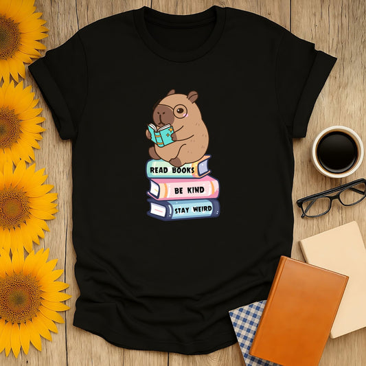 Capybara Reader T-Shirt for book lovers, featuring cute capybara with books. Unisex, soft, and perfect for reading enthusiasts.