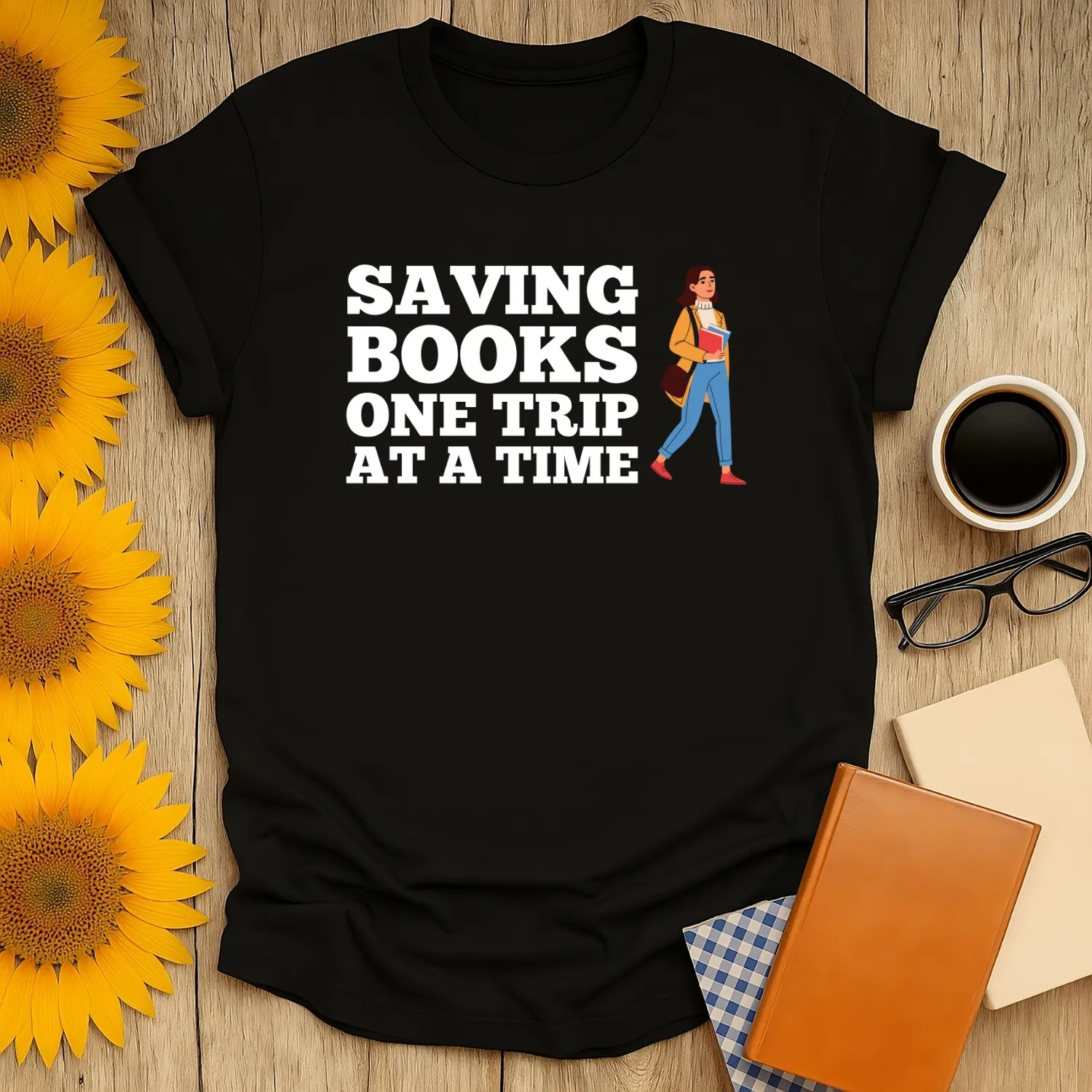 Funny reading tee featuring 'Saving Books One Trip At A Time' with a stylish woman carrying books, perfect for book lovers.