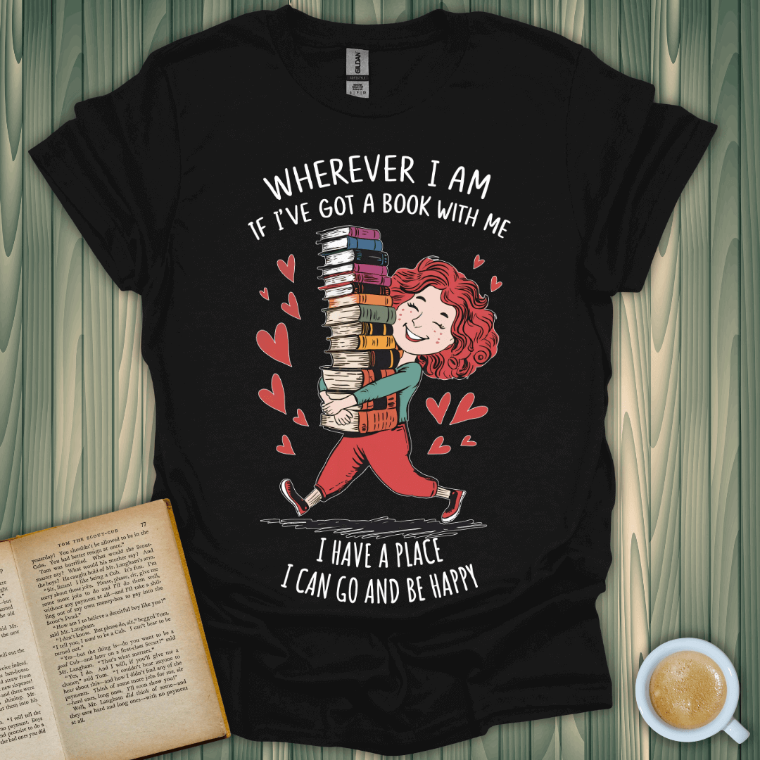 Bookish Escape T-Shirt featuring a happy child carrying books, perfect for book lovers. Made of 100% cotton, unisex fit.