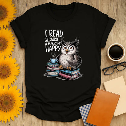 Happy Reader T-Shirt featuring a cute owl on books, cozy reading design, relaxed fit organic cotton tee for book lovers. 📖