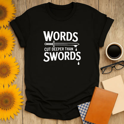 Words Cut Deeper Than Swords T-Shirt for book lovers; perfect gift for cozy readers and cat enthusiasts.
