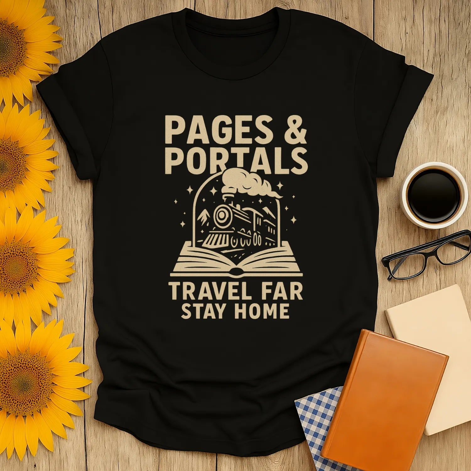 Pages & Portals T-shirt with a whimsical train from an open book; perfect cozy book shirt for readers and gifts for book lovers.