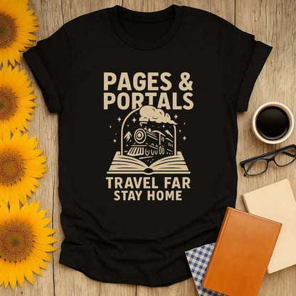 Pages & Portals T-shirt with a whimsical train from an open book; perfect cozy book shirt for readers and gifts for book lovers.