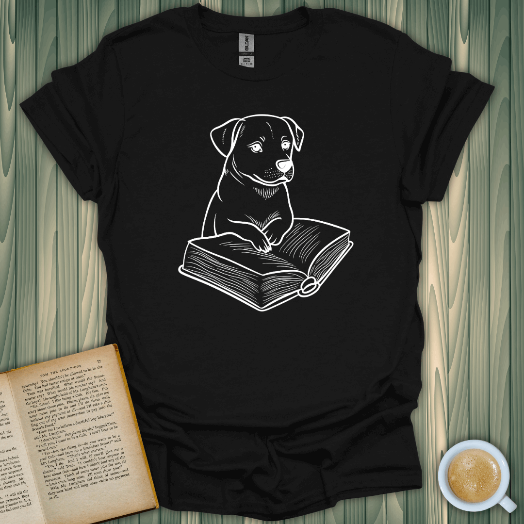 Pawsitive Read T-Shirt featuring a cute dog reading a book, perfect for book lovers. Made of 100% cotton, unisex fit.