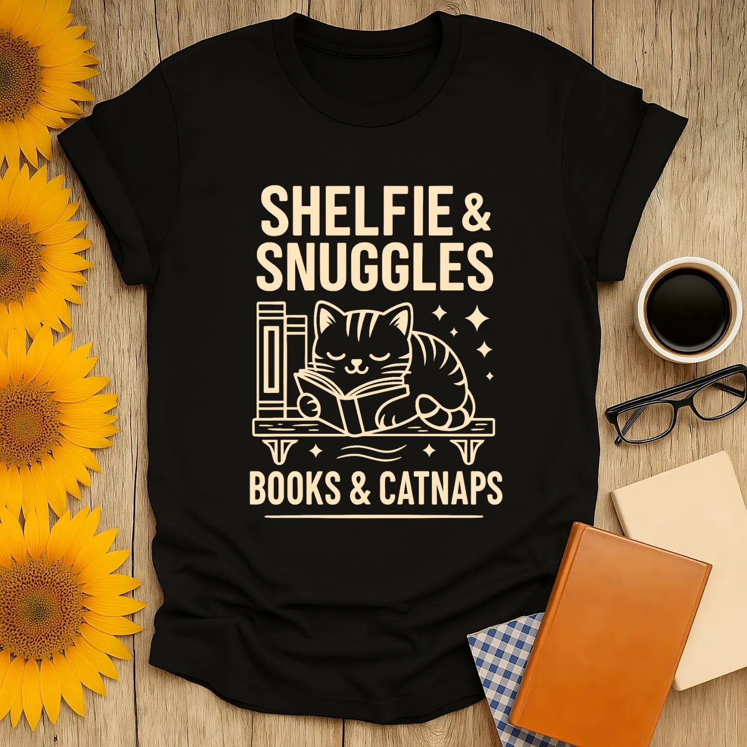 Funny reading tee featuring a cat reading beside books, perfect gift for book lovers, cozy and whimsical design.
