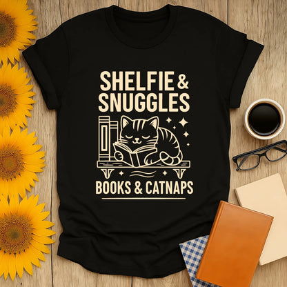 Funny reading tee featuring a cat reading beside books, perfect gift for book lovers, cozy and whimsical design.