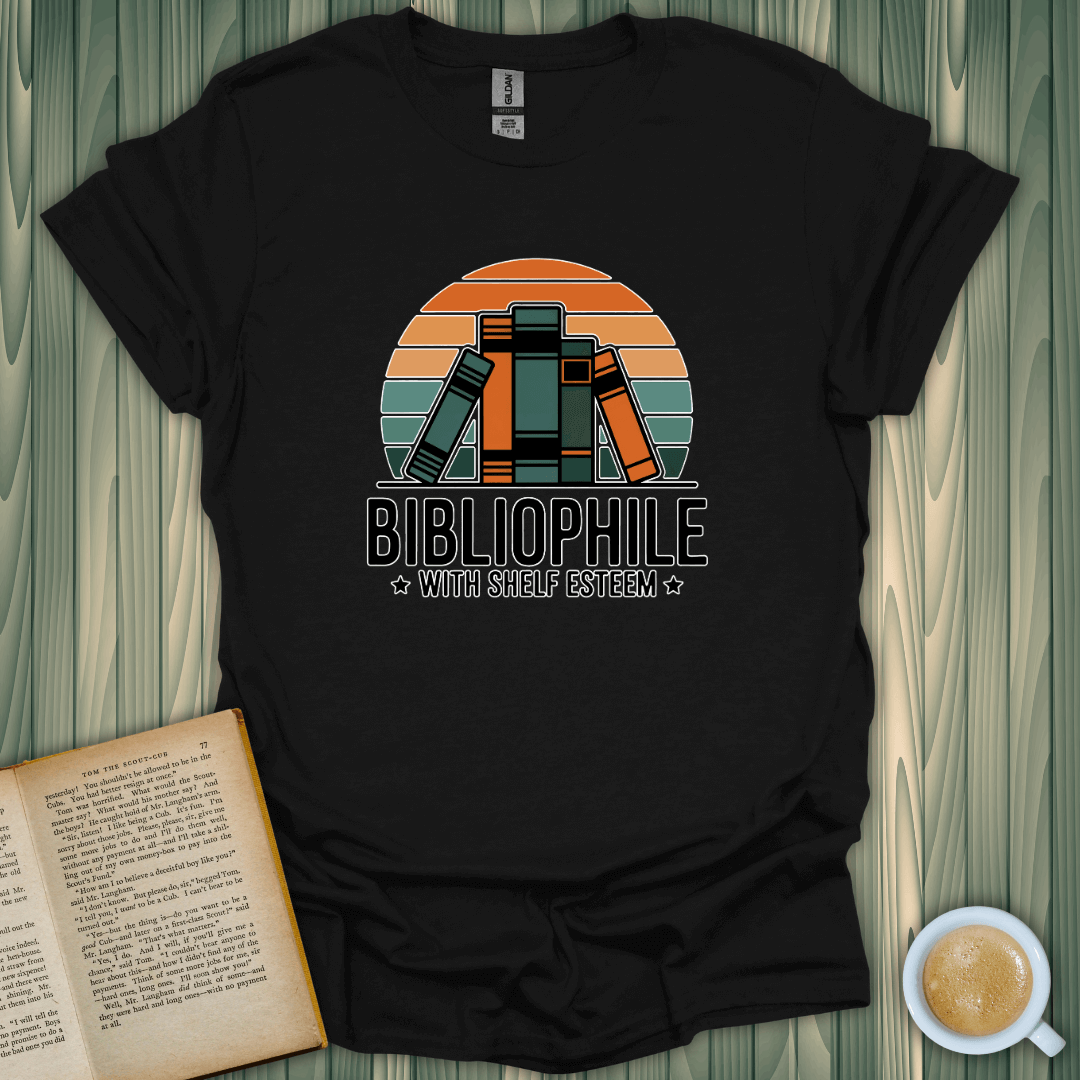 Bibliophile with Shelf Esteem T-Shirt for book lovers, featuring a stylish design with stacked books.