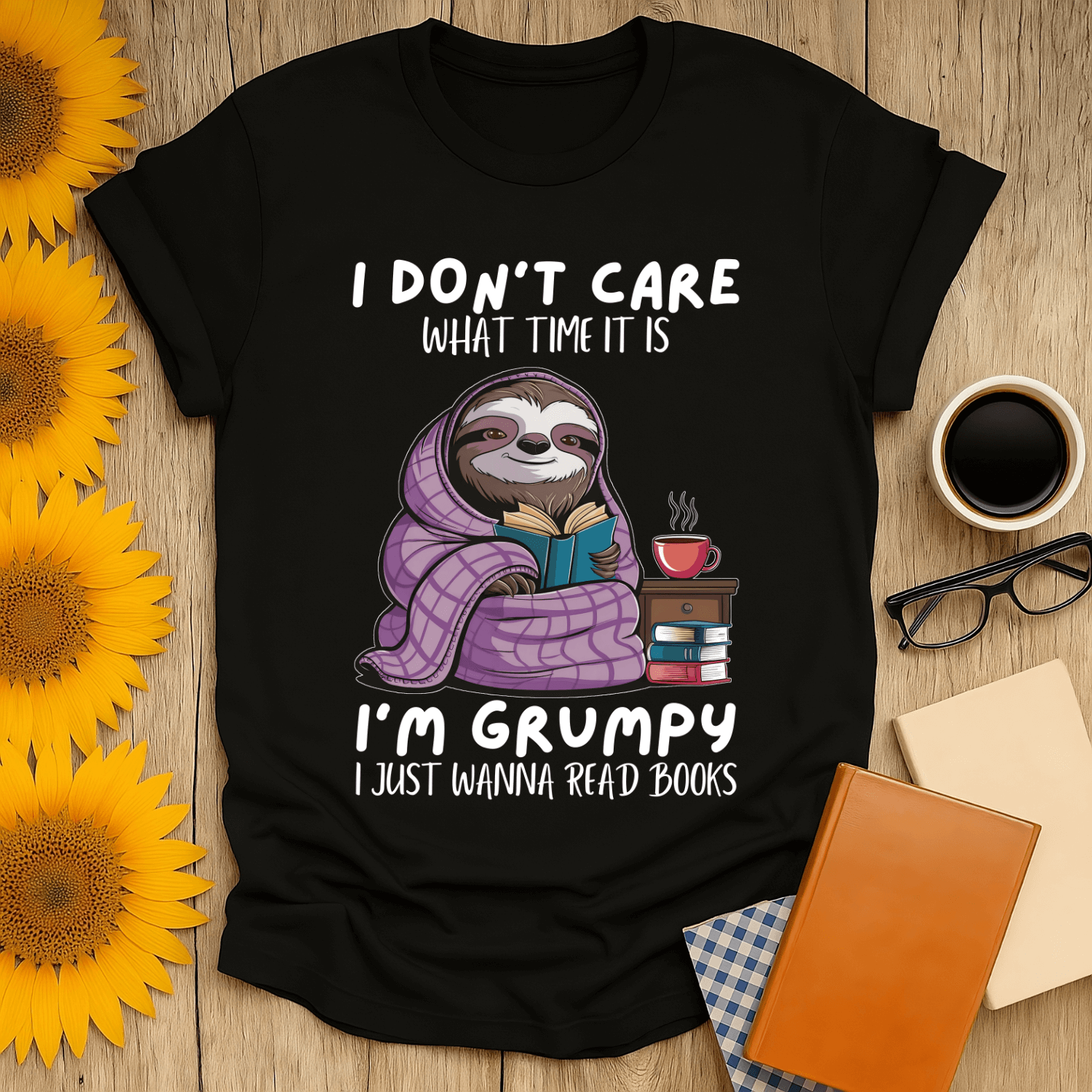 Grumpy sloth book lover t-shirt design featuring a sloth reading, cozy and humorous shirt for book enthusiasts.