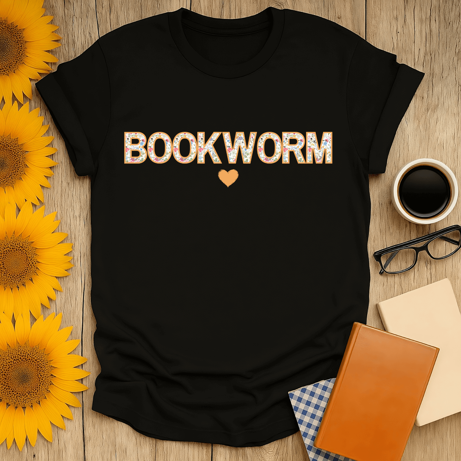 Floral Bookworm T-Shirt in black, unisex fit, perfect gift for book lovers, featuring vibrant screen-printed design.