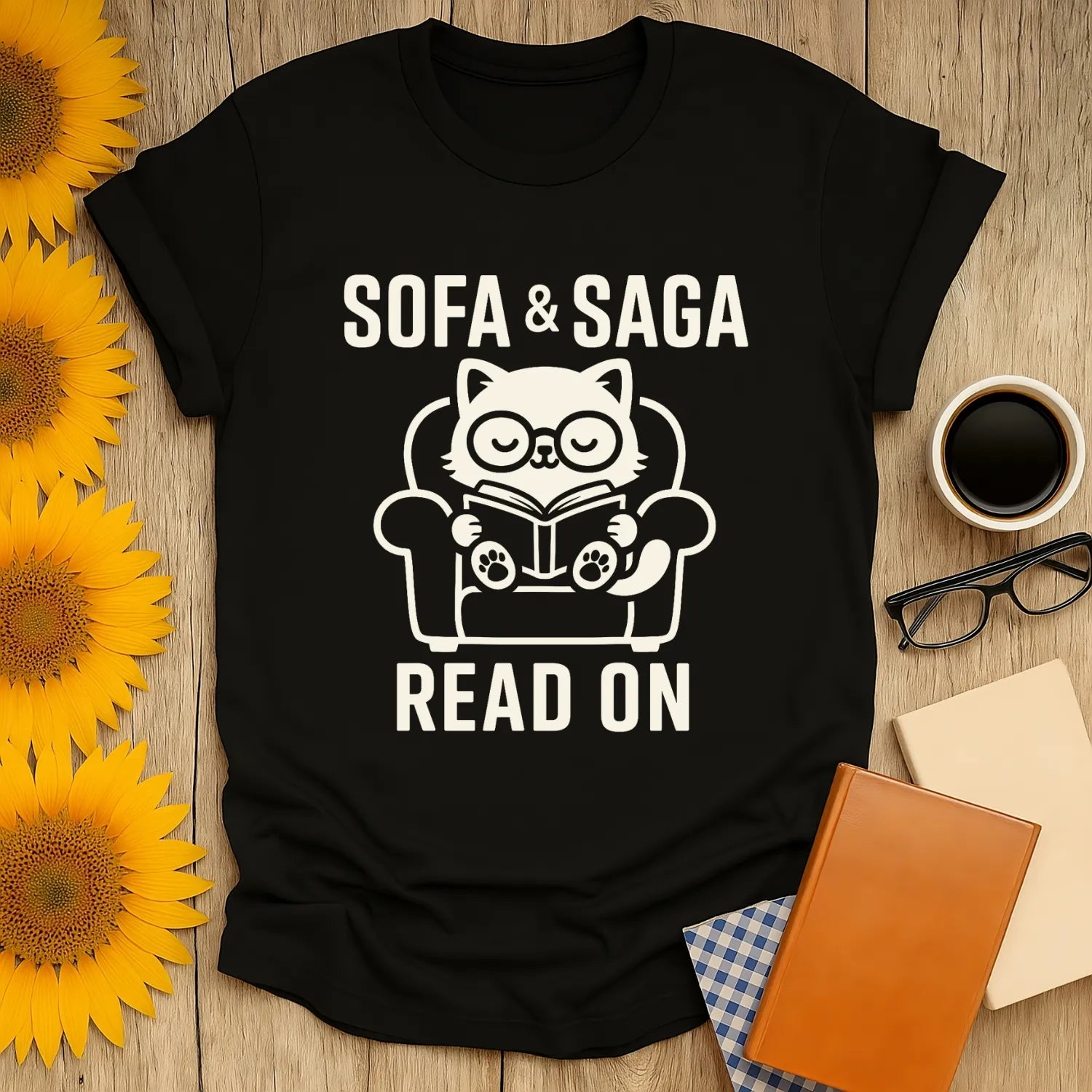 Cozy cat reading on a chair with 'Sofa & Saga Read On' text. Perfect book lover shirt for readers who adore cats and books.
