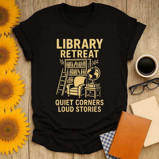 Library Retreat t-shirt featuring cozy reading nook, globe, and text "Quiet Corners Loud Stories" for book lovers.