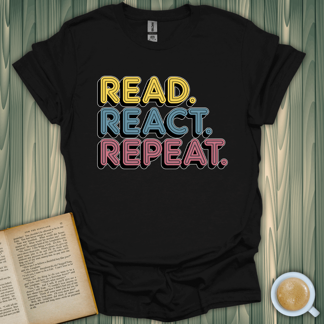 Black unisex t-shirt with colorful 'Read. React. Repeat.' design, perfect for book lovers.