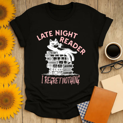 Late Night Reader T-Shirt featuring a lounging cat on books and the text 'I Regret Nothing', perfect for book lovers.
