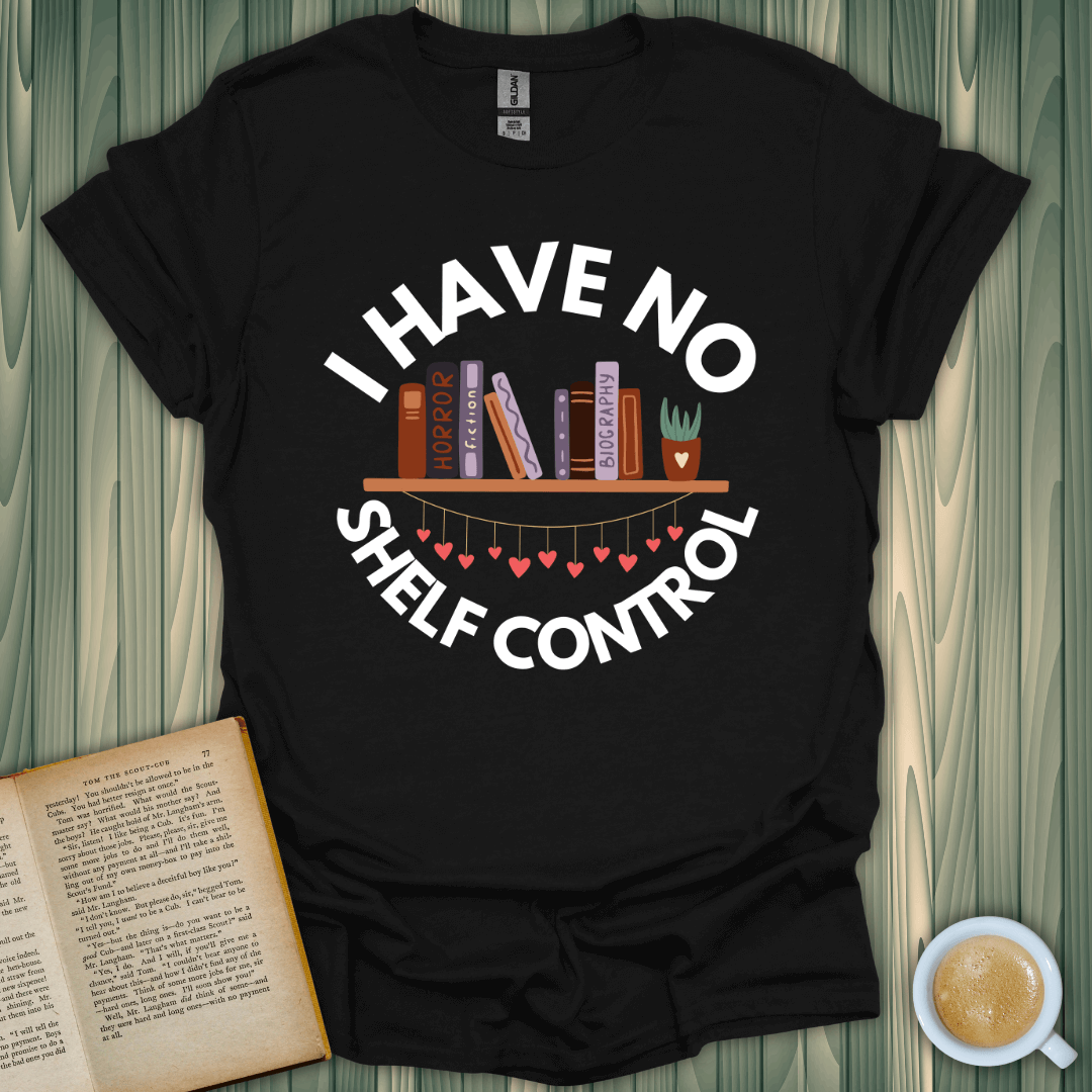 Black 'No Shelf Control' T-Shirt for book lovers, featuring a fun design with books and hearts.