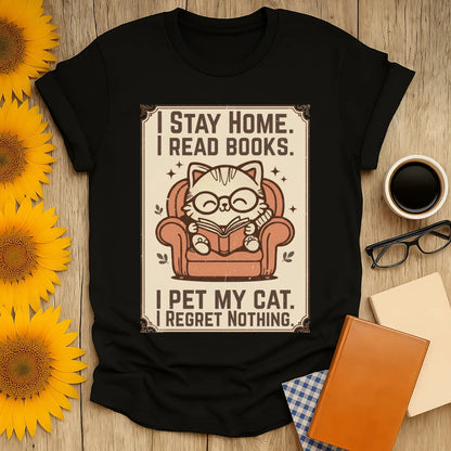 Poster Cat Reader T-Shirt with a cute cat in glasses reading on a cozy armchair, perfect for book lovers and cat fans.