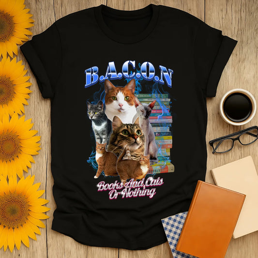 Books & Cats Or Nothing T-Shirt featuring playful cats and colorful books, perfect for book lovers and cozy vibes.