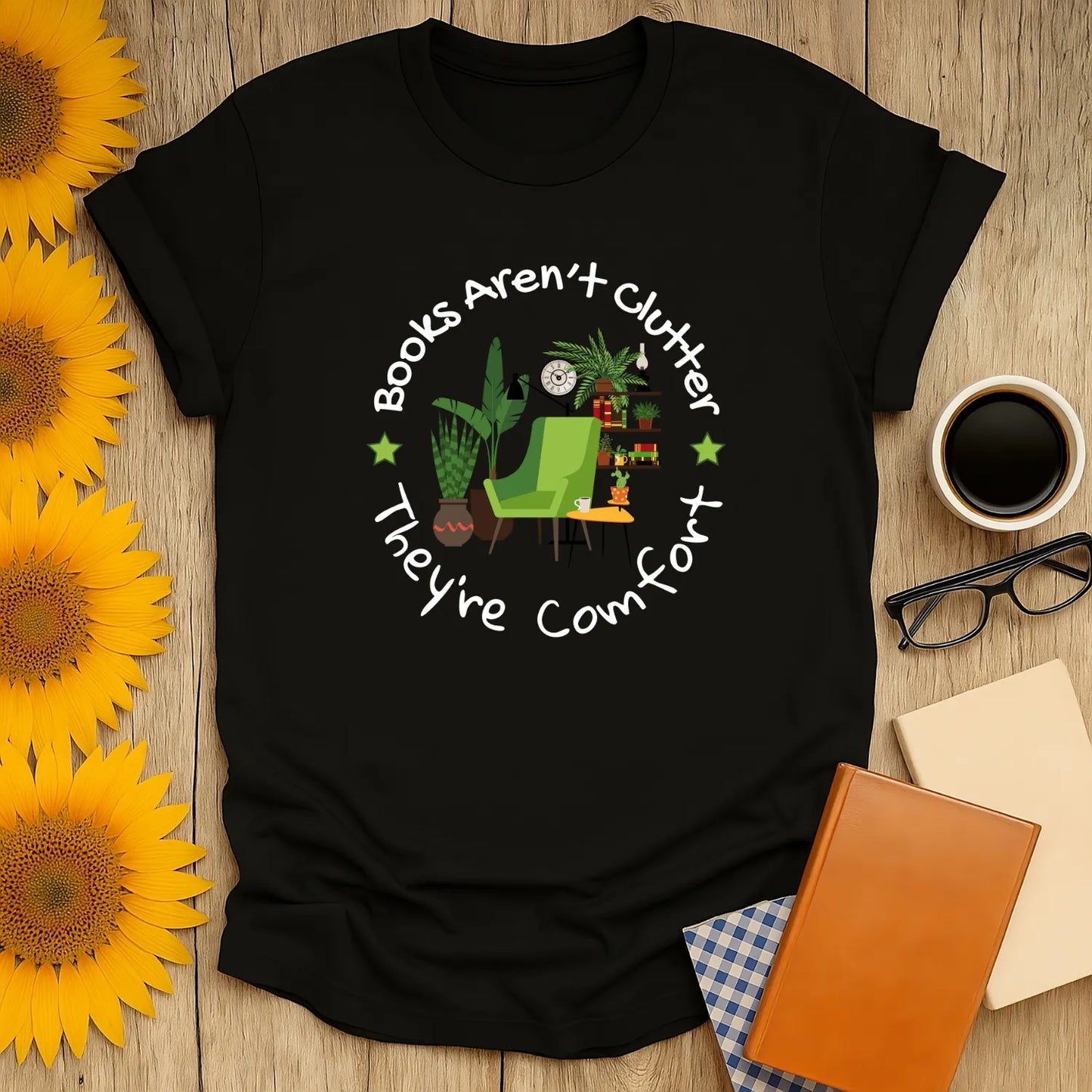 Bookish Comfort Zone T-Shirt featuring cozy reading nook design, relaxed fit unisex tee for book lovers 📖.
