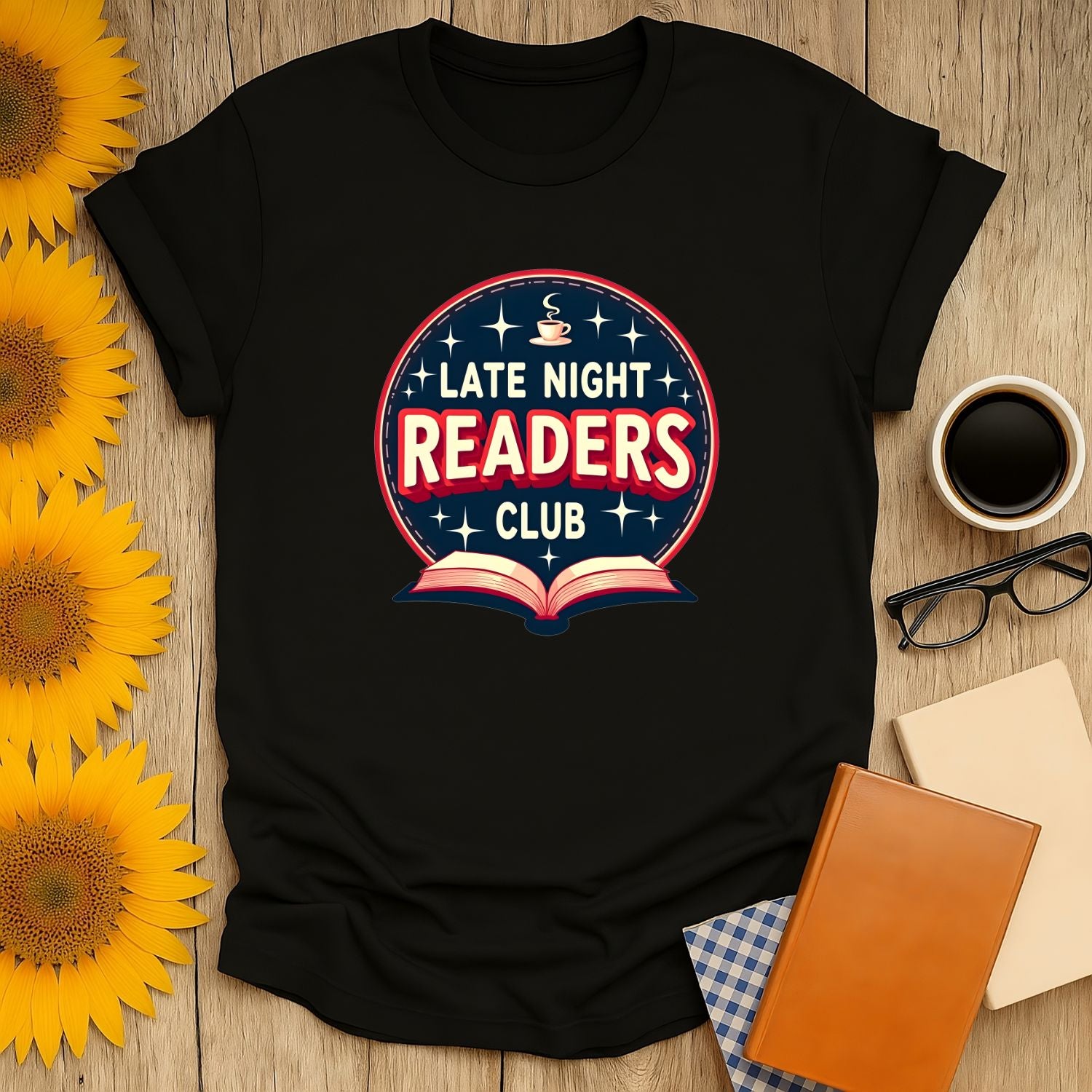 Late Night Readers Club shirt, featuring a coffee cup and an open book design, perfect for cozy book lovers and gifts for readers.