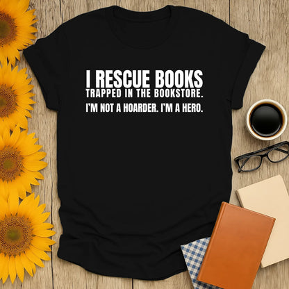 I Rescue Books T-Shirt with humorous text, perfect for book lovers who enjoy cats and coffee. A cozy gift for readers!