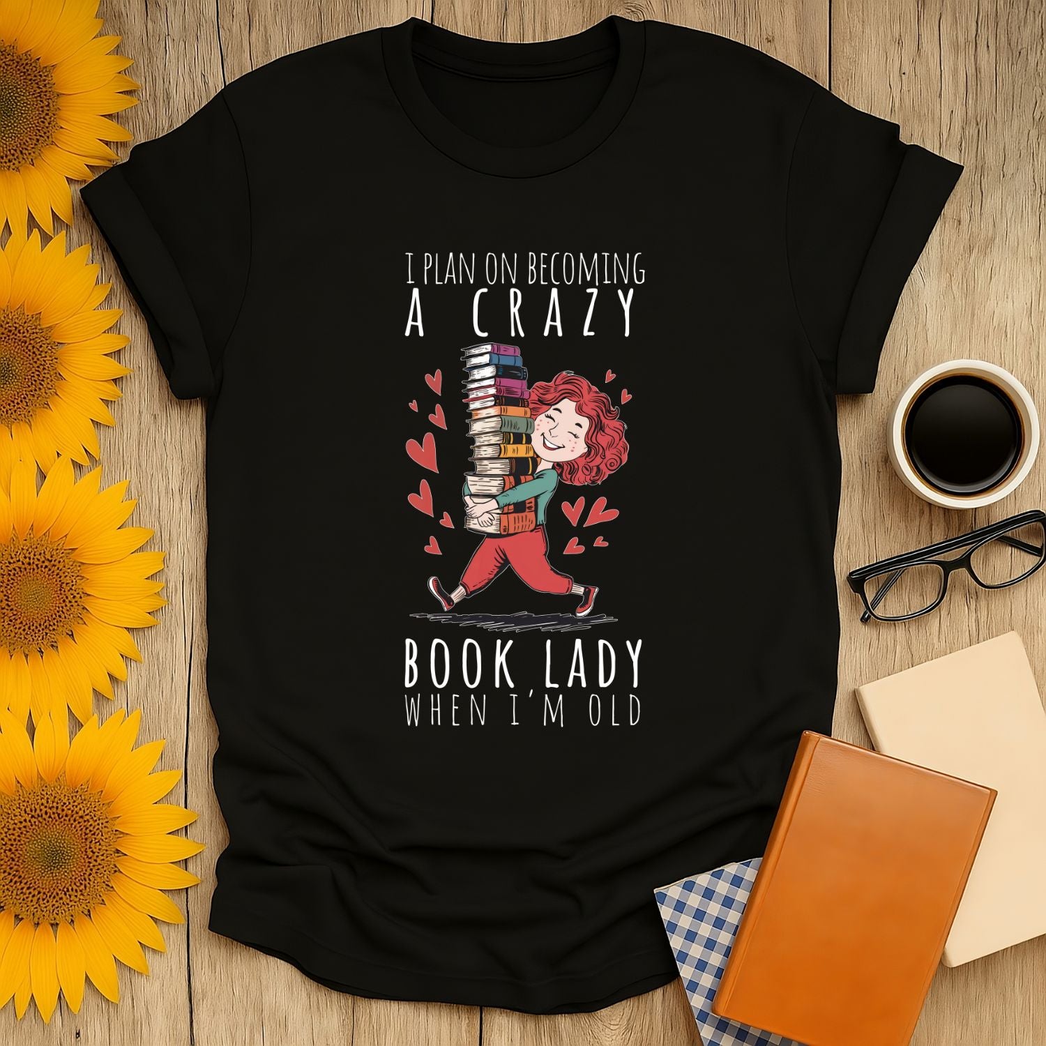 Crazy book lady t-shirt design featuring a character with stacked books, perfect for book lovers.