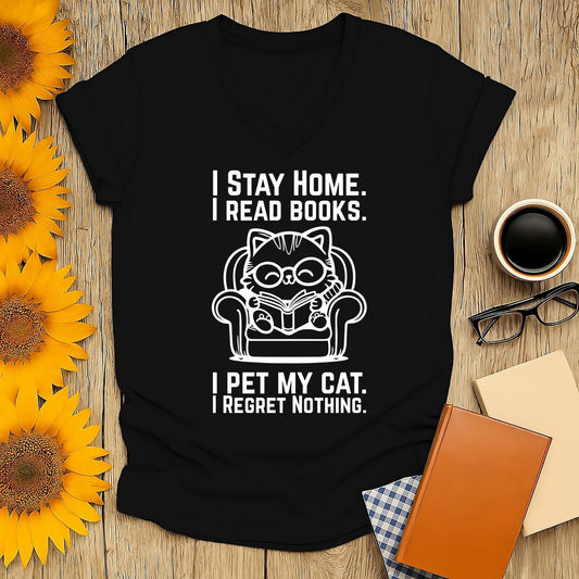 Cozy v-neck tee featuring a cute cat reading in a chair with text: 'I Stay Home. I Read Books. I Pet My Cat. I Regret Nothing.' Perfect for book lovers!