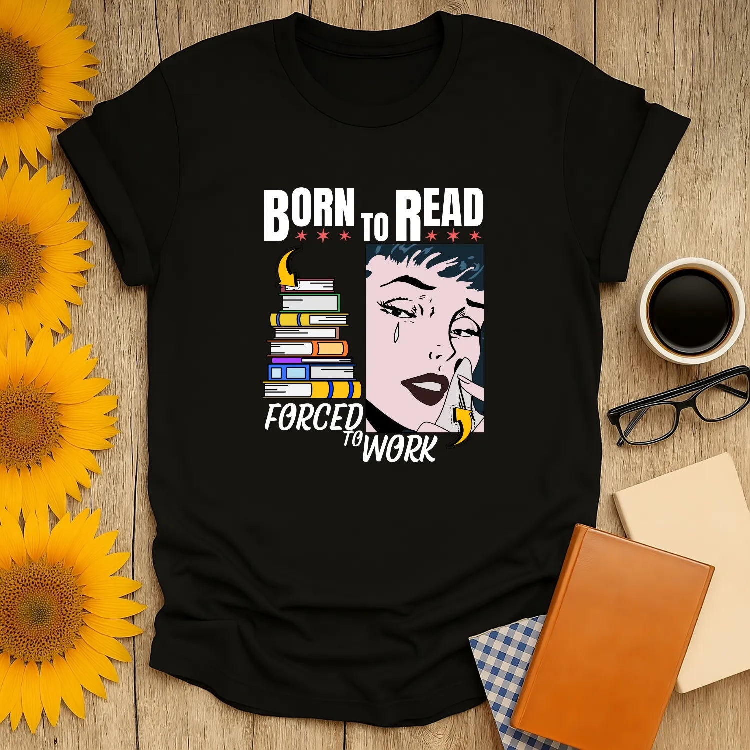 Forced to Work T-Shirt featuring vibrant pop-art design for book lovers, relaxed fit unisex tee, perfect gift for readers 📖.