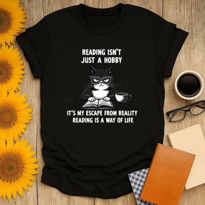 Grumpy cat t-shirt for book lovers featuring quote about reading as a way of life; 100% cotton, unisex fit.