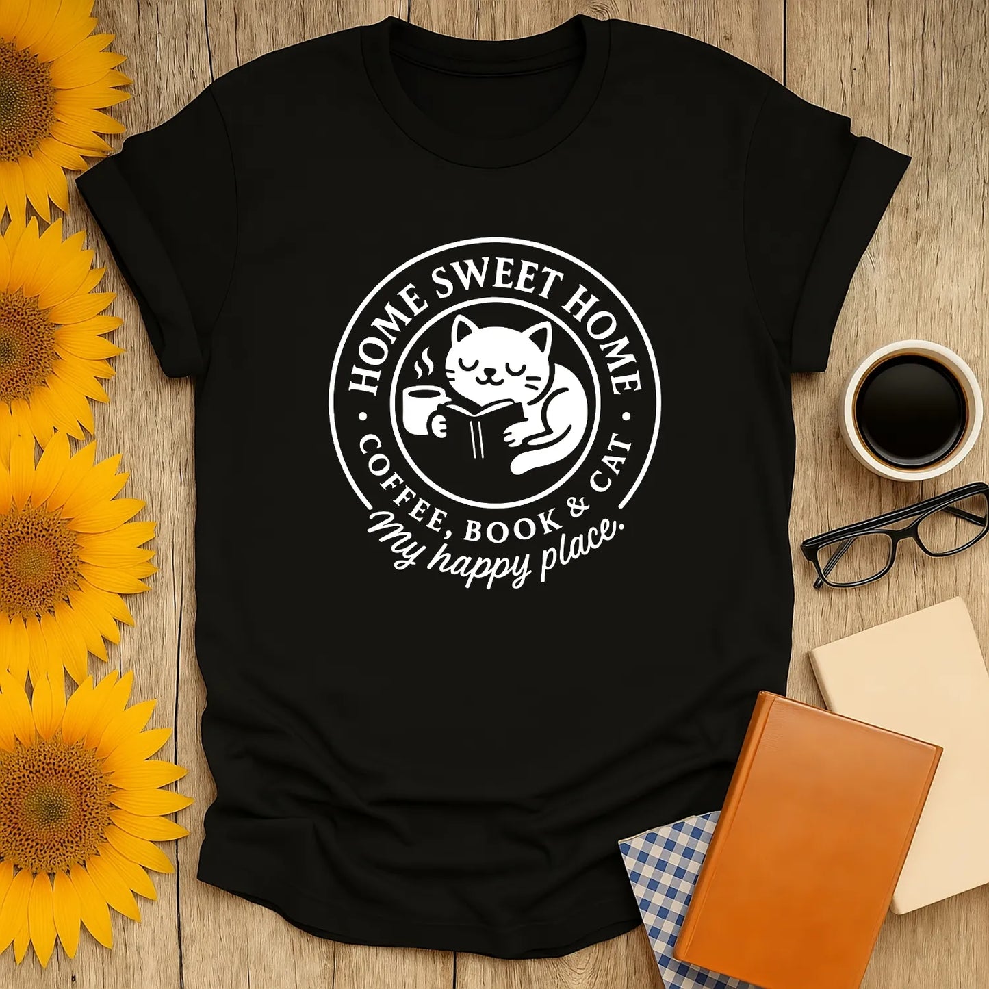 Home Sweet Home shirt featuring a cat with a book and coffee, perfect for cozy book lovers and cat enthusiasts.