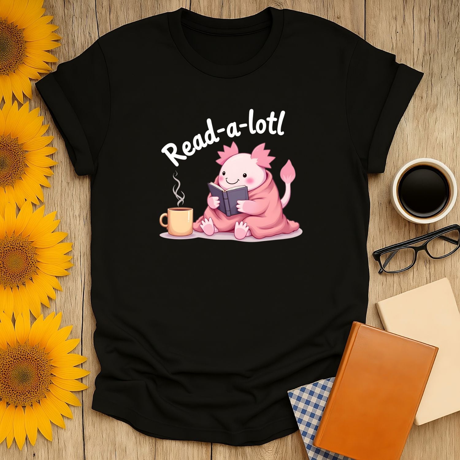 Read-a-lotl 2 T-Shirt for book lovers, featuring a cute axolotl reading with coffee, made of soft ring-spun cotton.