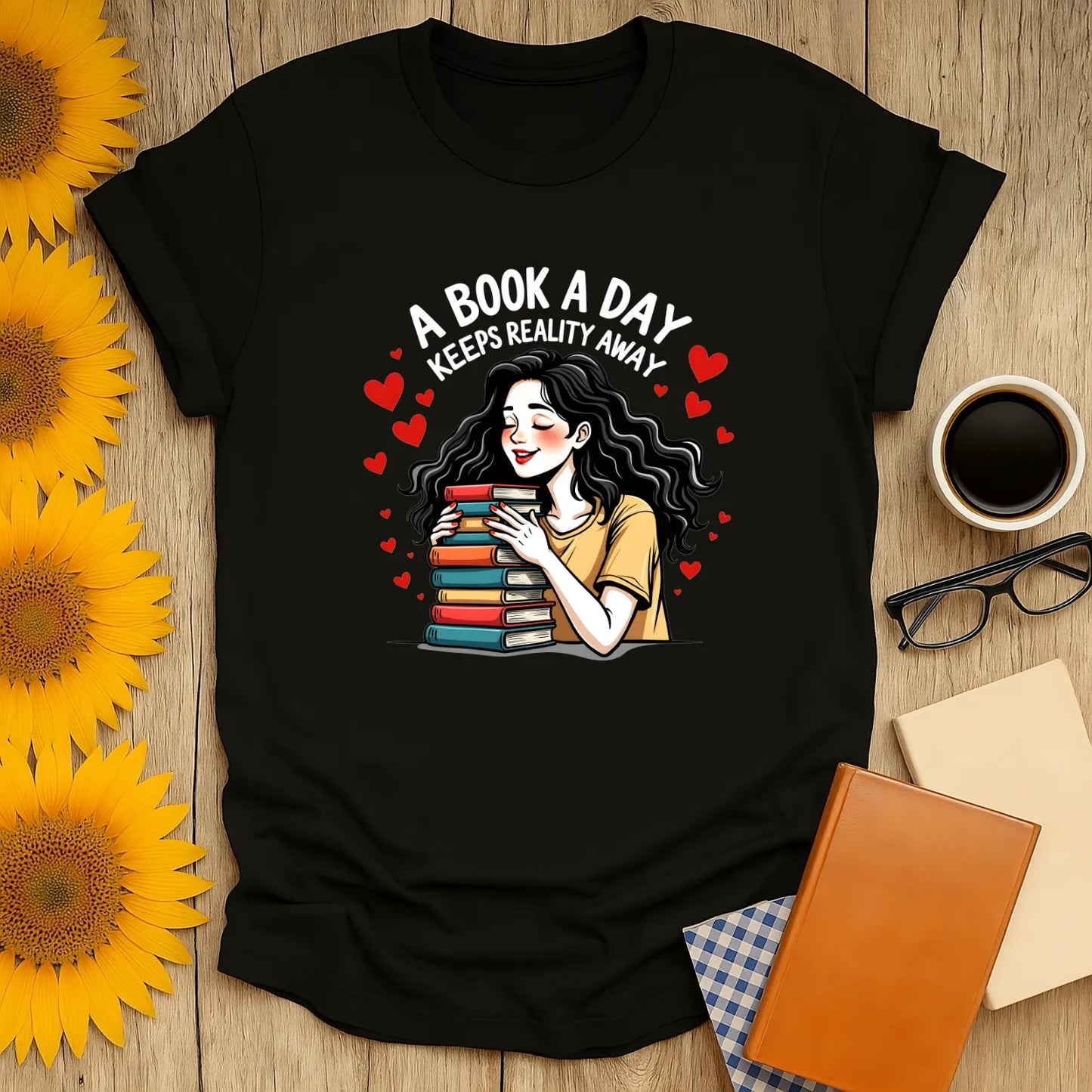 Bookish Romance T-Shirt on relaxed fit unisex tee, perfect gift for bibliophiles, featuring cozy, vintage reading vibes 📖.