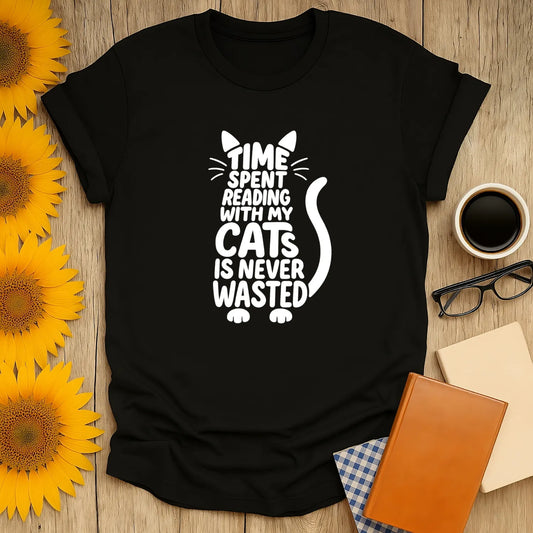 Funny reading tee featuring a cat silhouette and text: 'Time spent reading with my cats is never wasted.' Perfect gift for cat-loving bookworms!