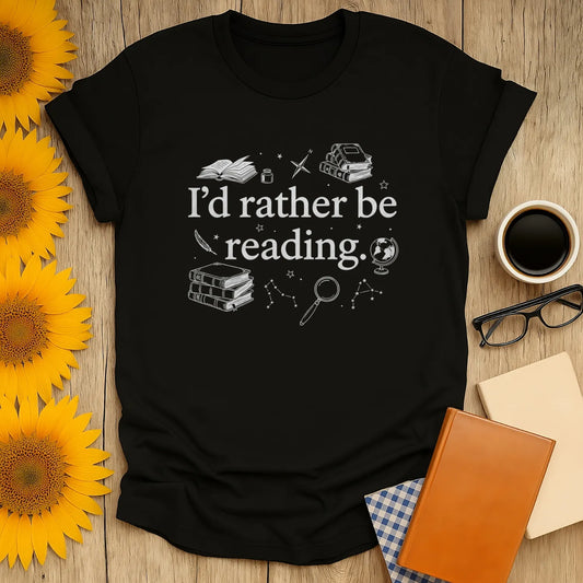 Rather Be Reading 2 T-Shirt features bookish icons and text on a cozy black tee, perfect for book lovers who prefer reading over anything.