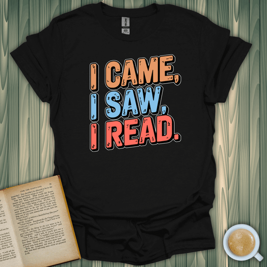 Unisex black I Came, I Saw, I Read T-Shirt for book lovers, made from 100% ring-spun cotton, lightweight and breathable.