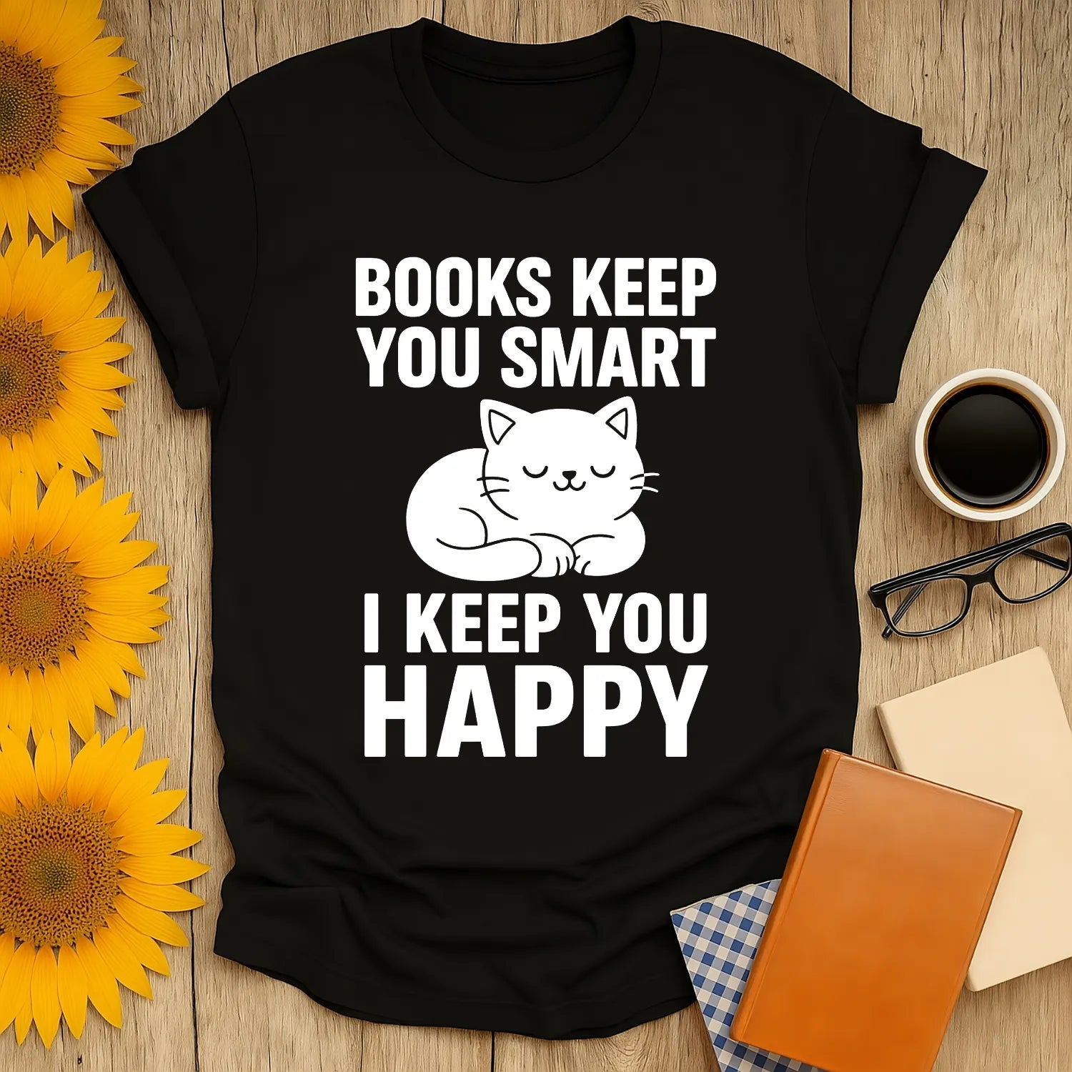 Cozy black t-shirt featuring a sleeping cat and text: 'Books Keep You Smart, I Keep You Happy' for book lovers.