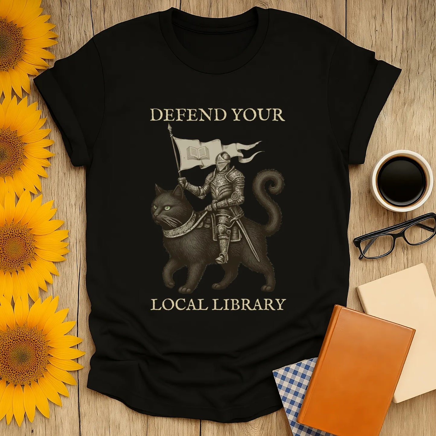 Library Defender T-Shirt featuring a knight on a cat, proudly declaring 'Defend Your Local Library' – perfect for book lovers!