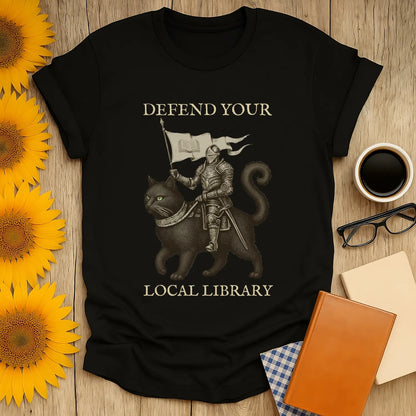 Library Defender T-Shirt featuring a knight on a cat, proudly declaring 'Defend Your Local Library' – perfect for book lovers!