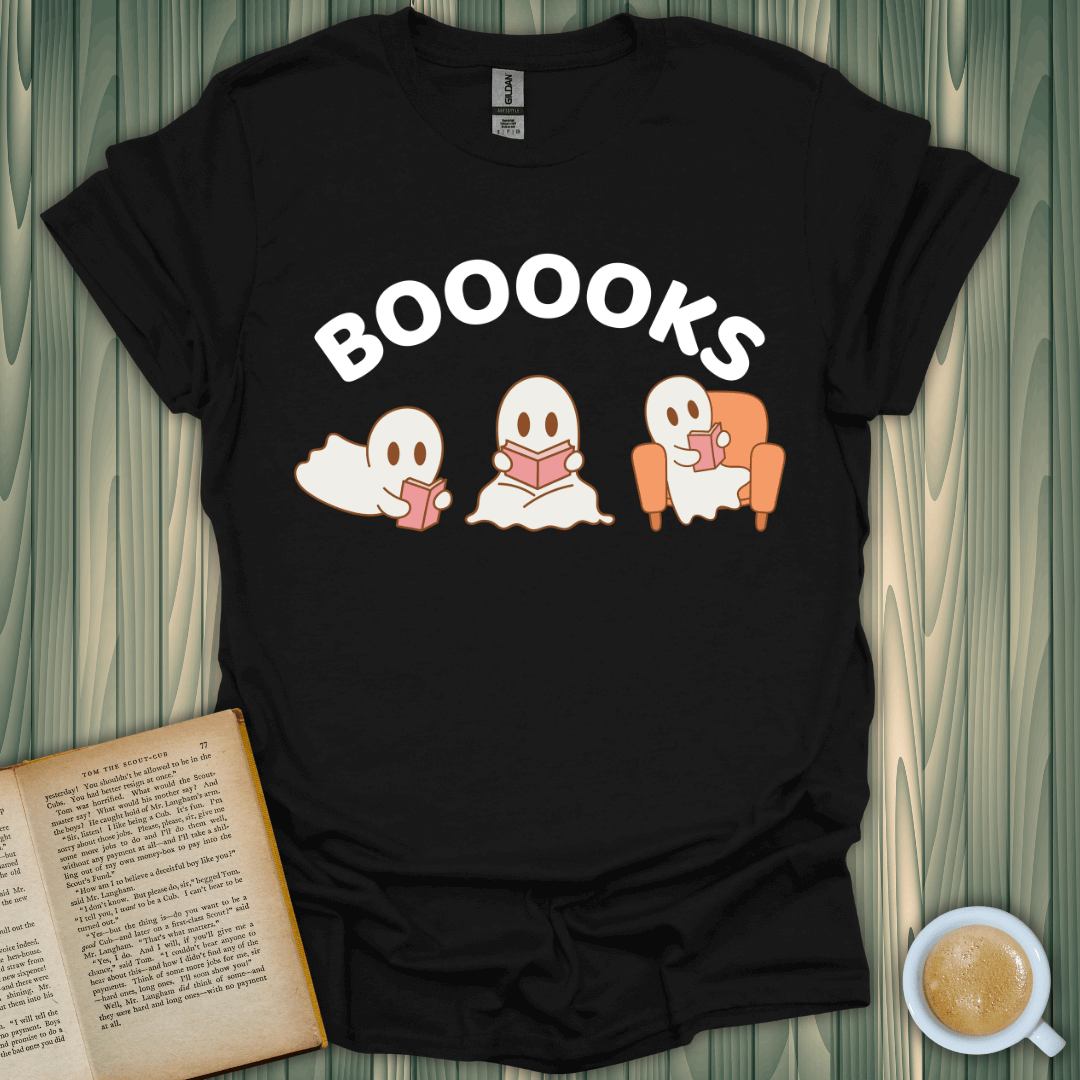 Booooks T-Shirt for book lovers featuring playful ghost designs, perfect unisex fit and breathable cotton fabric.