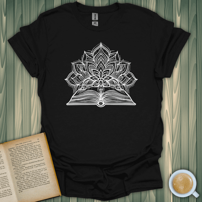 Path to Harmony T-Shirt, black, featuring a lotus over an open book, perfect for book lovers.