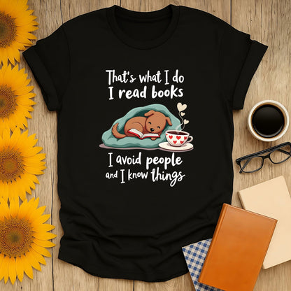 Cozy Pup Reads T-Shirt featuring a cute bear with a book and coffee, ideal for book lovers.