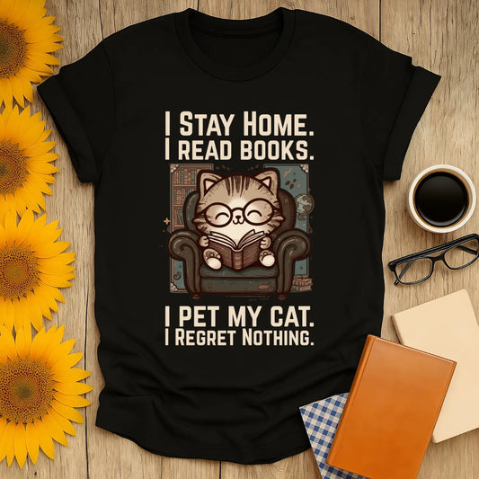 Library Cat Reader T-Shirt featuring a cute cat in glasses reading on an armchair with witty text. Perfect gift for book lovers!