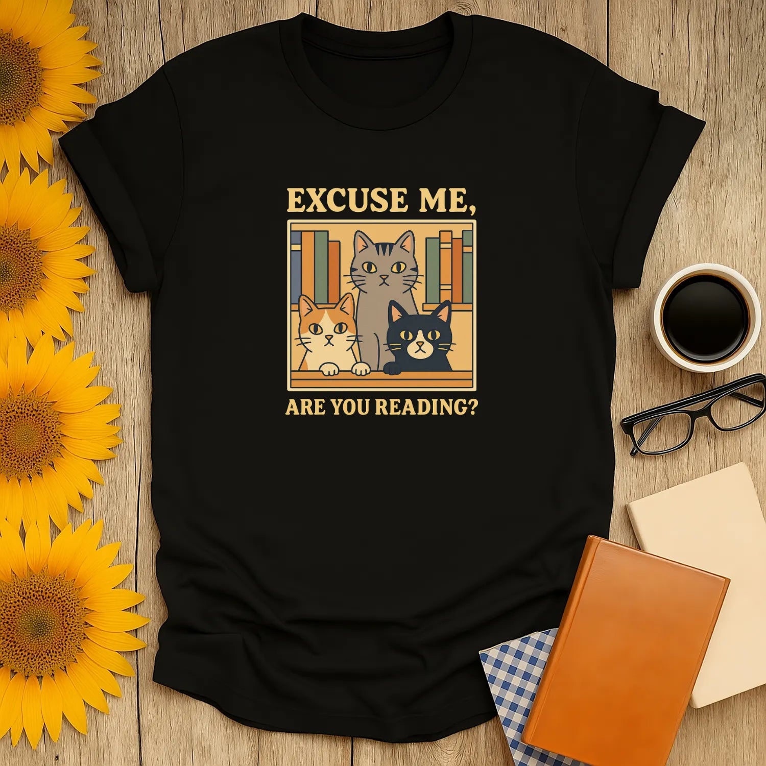 Funny cat reading shirt with three curious cats asking, 'Excuse me, are you reading?' Perfect for book lovers and cozy reading.
